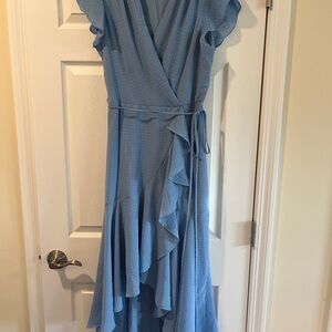 Blue Pleated High Low Sundress with Flutter Sleeves
